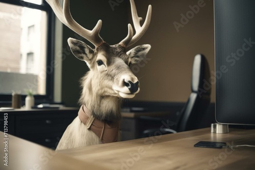 Fototapeta A well-dressed deer with impressive antlers standing in an office environment