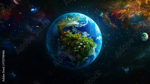 Strange planet Earth with blue oceans, green forests against the backdrop of the black void of space