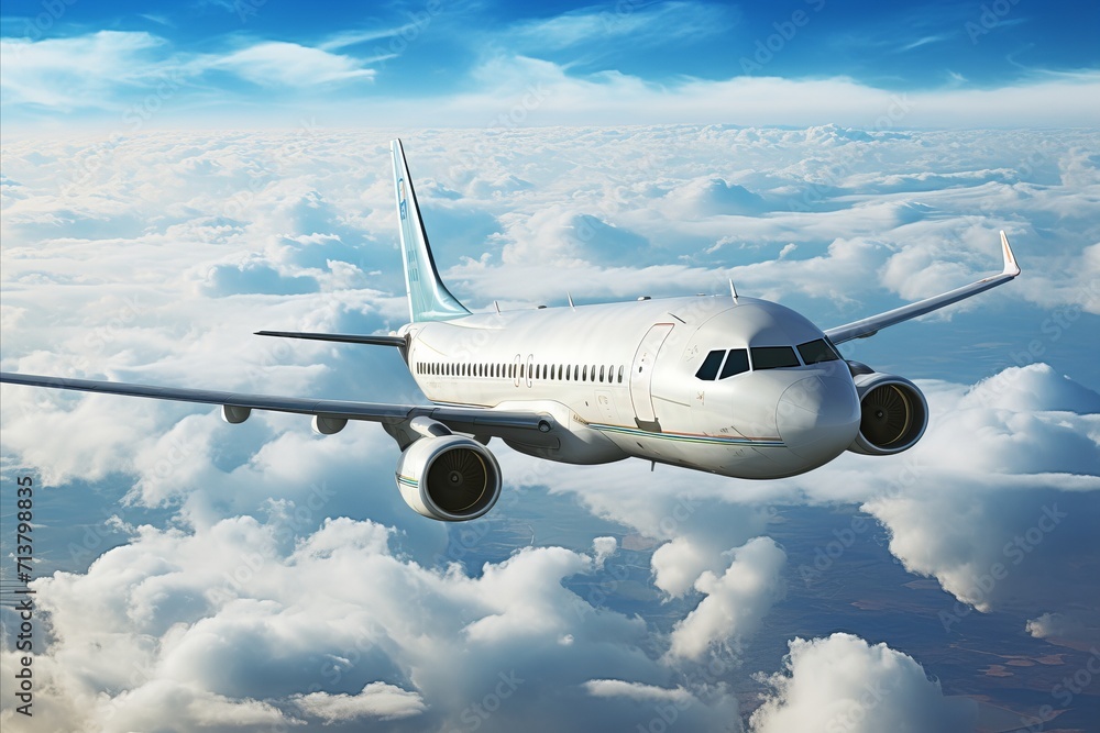 A majestic panoramic view of the sky with an airplane soaring through the clouds A majestic panoramic view of the sky with an airplane soaring through the clouds