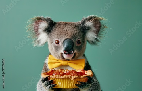 Cute Koala in yellow bow tie holding Australian meat pie on party. Australia day and Happy Australian animals concept. 
