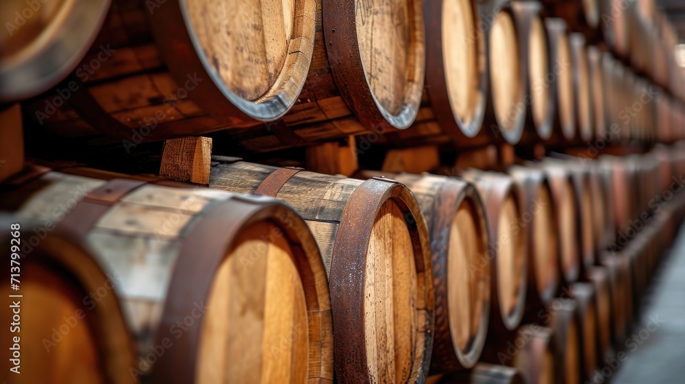 Barrels of whisky, bourbon, and scotch wine. Generative Ai.