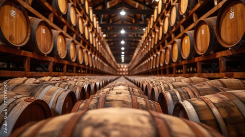 Barrels of whisky, bourbon, and scotch wine. Generative Ai.