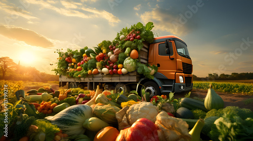 Vintage truck carrying various types of vegetables in a field with sunset. Concept of food transportation, logistics and cargo. photo
