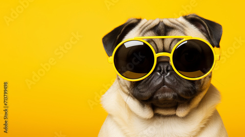 Closeup portrait of trendy dog in fashion sunglasses on vibrant yellow background with copy space © Светлана Акифьева