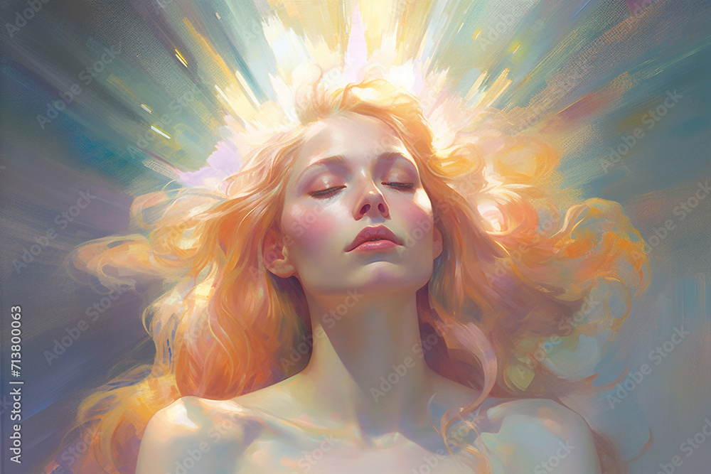 Culture and religion concept. Abstract and surreal beautiful woman angel painting illustration. Bright background, soft pastel muted colors