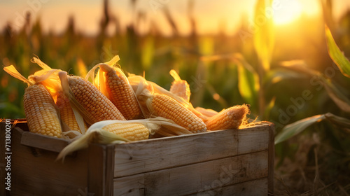 Corn heads harvested in a wooden box with field and sunset in the background. Natural organic fruit abundance. Agriculture, healthy and natural food concept. Horizontal composition. photo