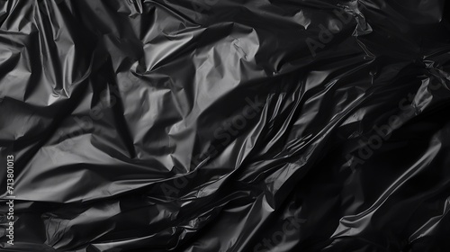 Wrinkled black plastic texture, black background wallpaper. Crumpled plastic surface