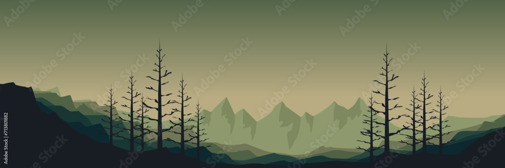 mountain view with pine tree silhouette flat design vector illustration good for wallpaper, background, backdrop, banner, web, panorama, travel, tourism and design template