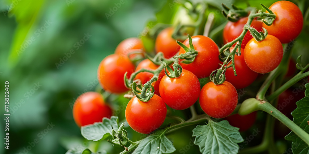 A Close-Up of Fresh, Juicy Red Tomatoes Grown Organically in a Lush Vegetable Garden Greenhouse 