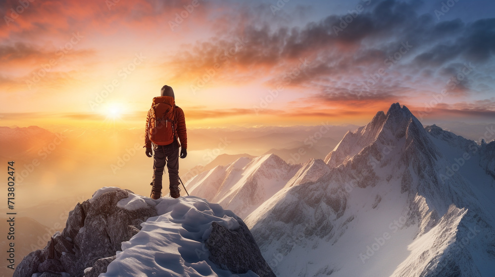Tourist man standing on top of snow mountain