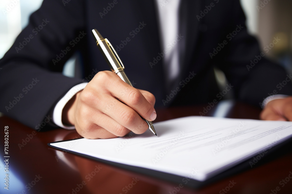 Businessman hand signing on document contract, closeup shot Businessman hand signing on document contract, closeup shot