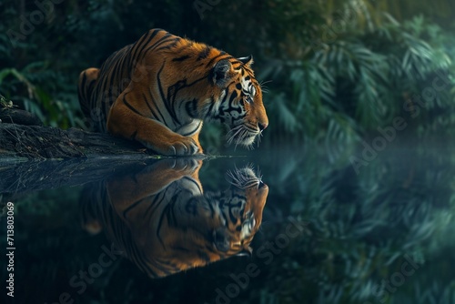 Tiger s reflection mirrored in a calm river capturing the tranquility and symmetry of nature as the majestic big cat pauses for a moment of quiet contemplation