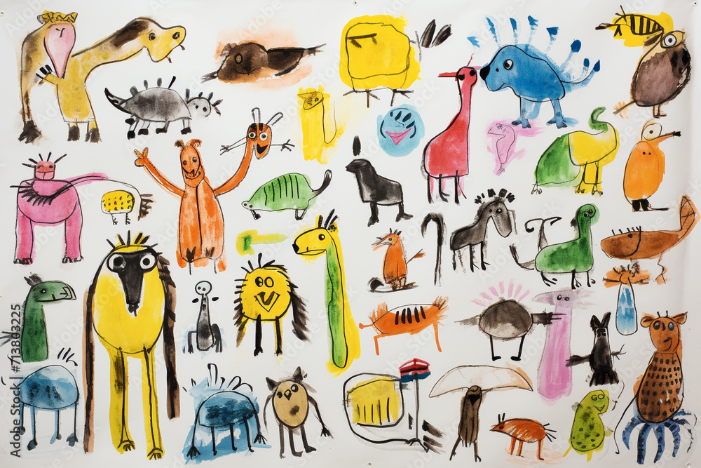 Fototapeta premium Drawing pictures of cute animals by kids