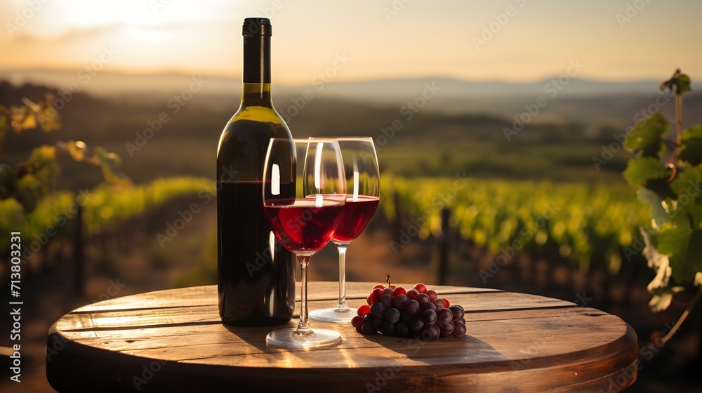 Wine bottle and glasses on wooden table with vineyard landscape background at sunset, space for text