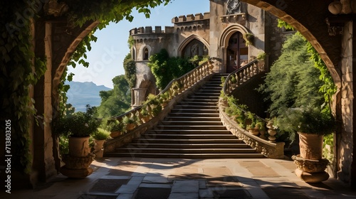 Ancient stone castle steps surrounded by lush greenery and sunlight