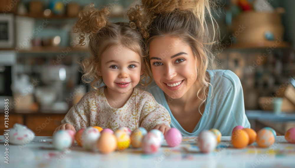 Easter Family traditions.Loving ethnic mother painting eggs with her daughter over the table in kitchen. Easter concept Easter Family traditions.Loving ethnic mother painting eggs with her daughter over the table in kitchen. Easter concept