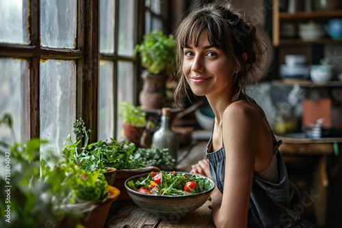 Happy woman with bowl of salad at the window