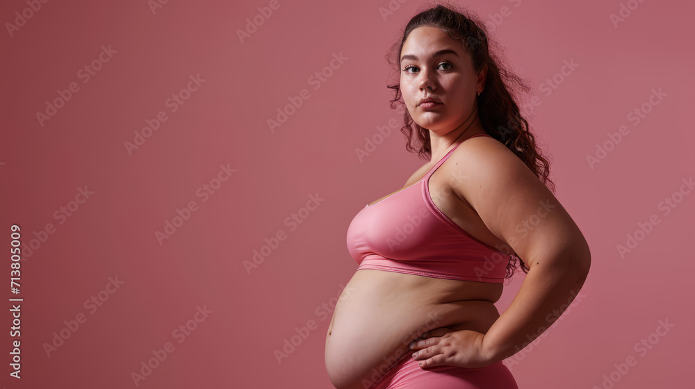 Confident overweight young woman on pink background after fitness exercise Confident overweight young woman on pink background after fitness exercise