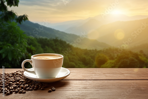 Hot coffee cup on table with mountain view