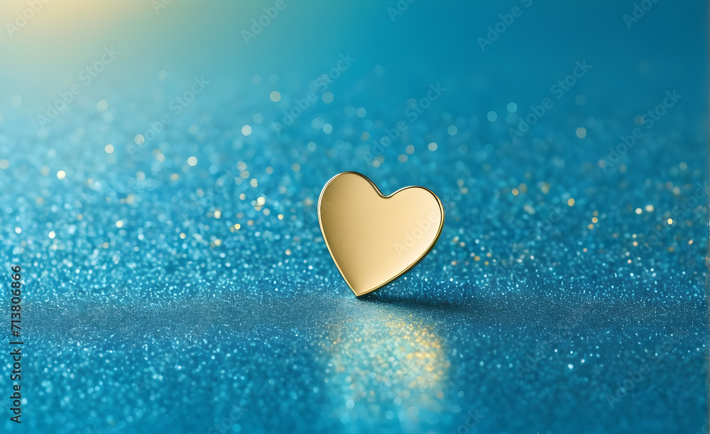 A small gold heart on a sparkling soft blue background. Generative AI
