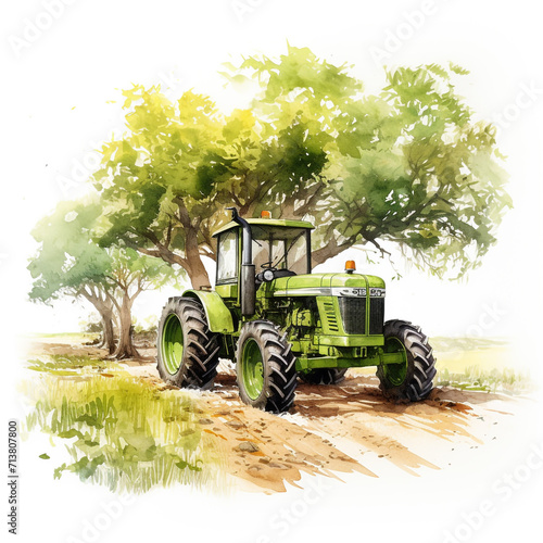 water color of isolated green tractor on a harvest