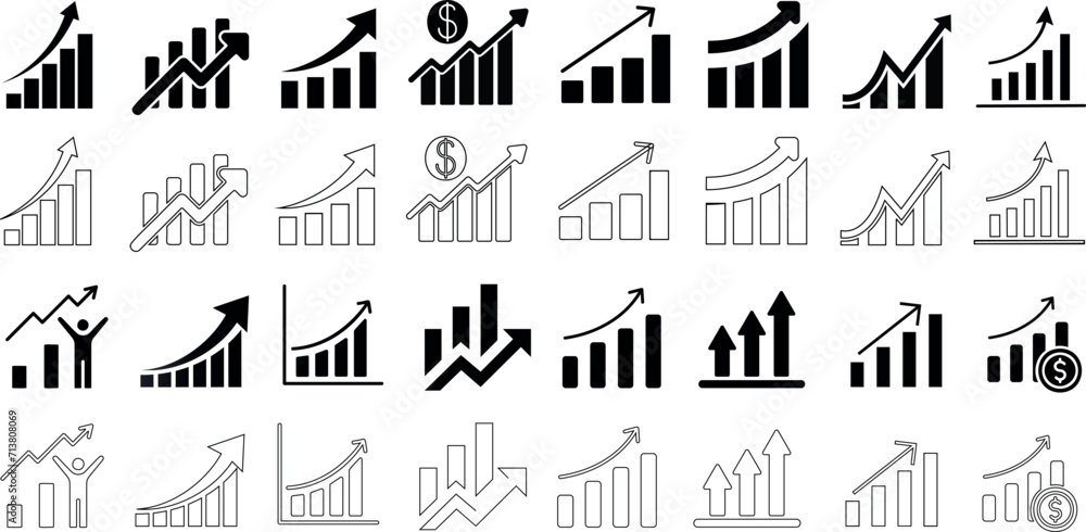 Growth chart vector icons, business increase, profit rise, financial gain. Black linear graphics representing positive trends, economic boost, investment returns - obrazy, fototapety, plakaty 
