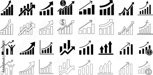 Growth chart vector icons, business increase, profit rise, financial gain. Black linear graphics representing positive trends, economic boost, investment returns