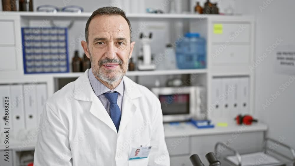 Confident middle-aged scientist with grey hair, happily sitting at lab table, reveling in medical research joy Confident middle-aged scientist with grey hair, happily sitting at lab table, reveling in medical research joy