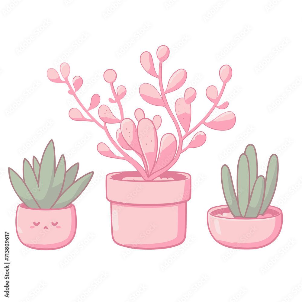Cute pink flowers and cactus in pots, kawaii cute houseplant set, vector illustration graphic design, generative ai