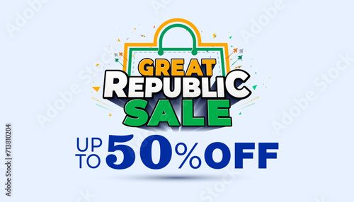 Republic Day of India. Great republic sale, 50%off text 3d tricolor Sales and shopping, advertisment concept.