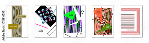 Geometric cover design, set of 5 covers. Abstract unusual background in Memphis style. Bright geometric shapes in random order