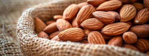 A close-up of raw almonds spilling from a rustic burlap sack onto a wooden table, highlighting natural textures and healthy snacking.
 photo