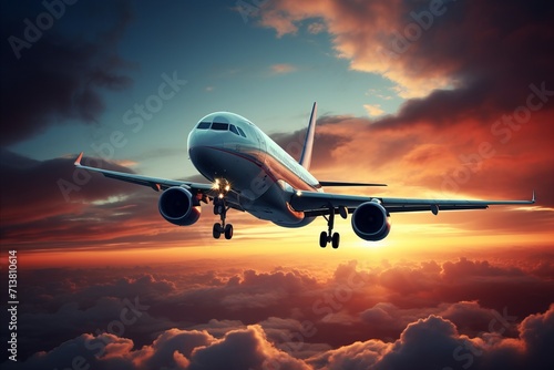 Breathtaking panoramic view of airplane soaring through vibrant sunset sky at the horizon