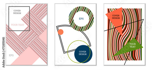 Geometric cover design, set of 3 covers. Abstract unusual background in Memphis style. Bright geometric shapes in random order