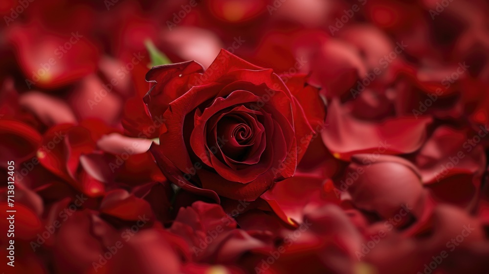 Vibrant Red Rose Centerpiece Surrounded by Petals - Warm Toned Love Symbol romantic atmosphere Vibrant Red Rose Centerpiece Surrounded by Petals - Warm Toned Love Symbol romantic atmosphere