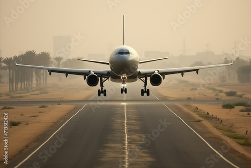 A majestic commercial jetliner safely landing on the runway of an international airport