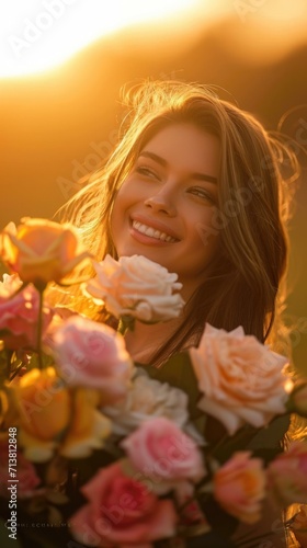 Radiant Bloom: Golden Hour Joy Woman smiling among roses, golden hour light, sun flare, fresh blossoms, outdoor setting, happy expression, warm ambiance, natural beauty, soft focus background 