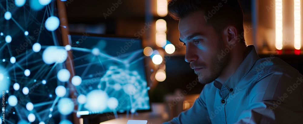 Technology Computer Science Portrait a man with a business card in front of computers, geometry digital ...