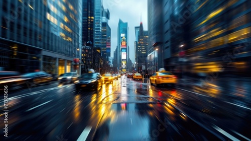 City Rush: Yellow Taxis and Blurred Motion in Evening Lights photo