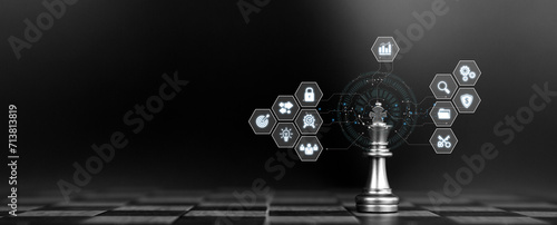 King chess stand on board with leadership strategy icons for wining challenge concept of team player or business teamwork and or strategic planning and human resources organization risk management.