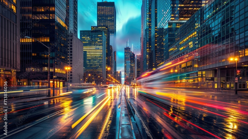 Naklejka premium Urban Velocity: Long Exposure Cityscape at Twilight Dynamic streetscape imagery