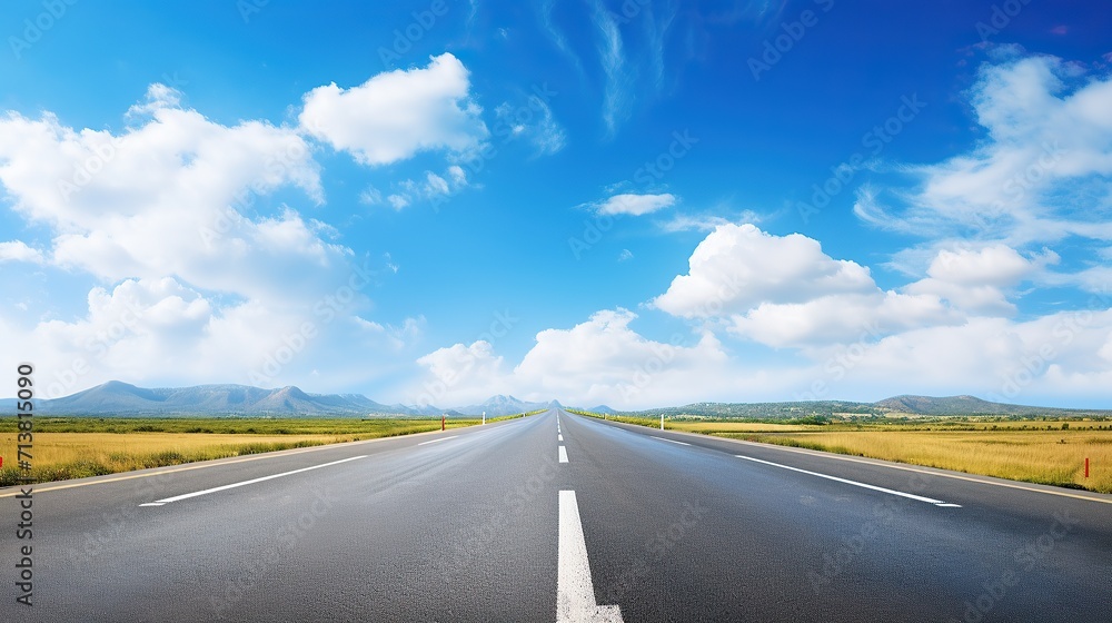asphalt road with white lines, sunny view, blue sky with clouds above,