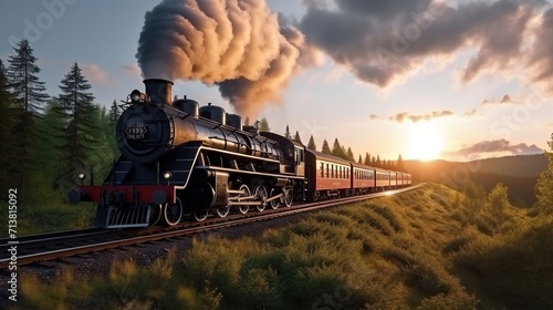 Locomotive. Steam train with white smoke. Steam train on railway track. antique steam train
