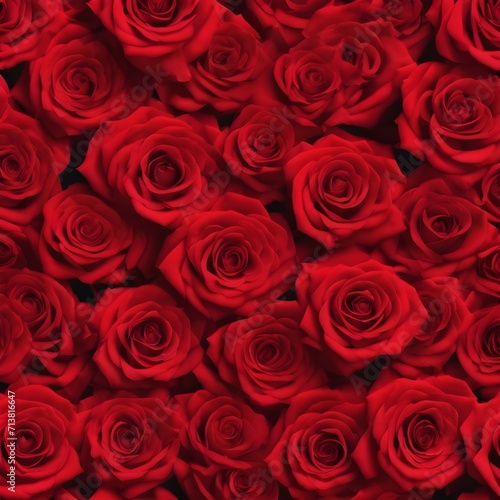 Valentine's Day Concept Red roses flower on red background. Copy space. Flower frame. Top view. High quality photo. Generative AI © QasimAli