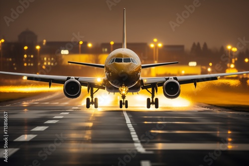 Commercial jet airliner touching down on the vibrant airport runway at exquisite sunset moment