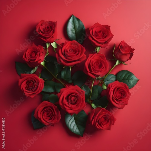 Valentine s Day Concept Red roses flower on red background. Copy space. Flower frame. Top view. High quality photo. Generative AI
