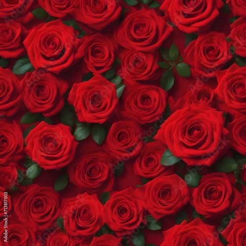 Valentine s Day Concept Red roses flower on red background. Copy space. Flower frame. Top view. High quality photo. Generative AI