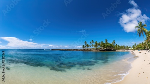 beach views with coconut trees  bright blue skies  stunning tropical beach views. Clear white sand beach on a summer day.