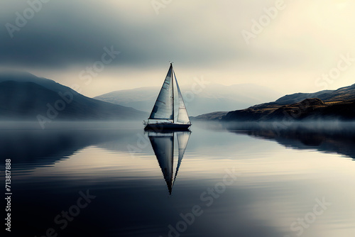 Generative AI background illustration of a sailboat in a calm sea photo