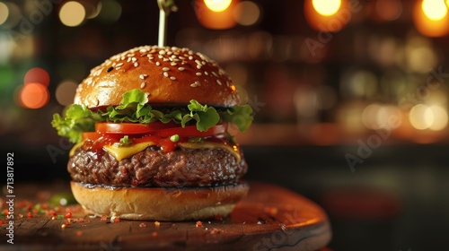 Fototapeta Naklejka Na Ścianę i Meble -  Juicy Burger with Fresh Toppings in Gastro Pub Setting - Comfort Food Delight Juicy beef burger, sesame bun, lettuce, tomato, cheese, pickle, wooden board, bokeh background, gastro pub atmosphere